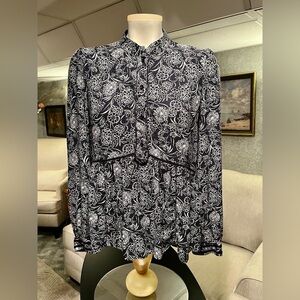 HINGE Women's XS Prairie Chic Boho Floral‎ Navy White LS Contrast Trim Tunic Top